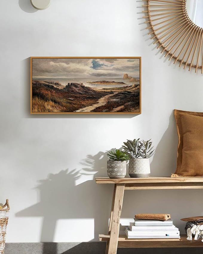 SHENIFY Vintage Framed Wall Art Seaside Path Wilderness Landscape Painting Retro Coastal Scenery Farmhouse Kitchen Living Room Decor - 8x16in Natural Framed