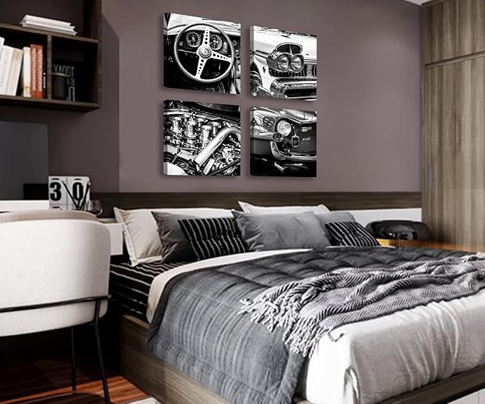 DJSYLIFE Black and White Wall Art Vintage Car Posters Decor Mens Bedroom Boys Room Office Paintings Canvas Pictures Framed Ready to Hang 12" W×12" H×4 PCS