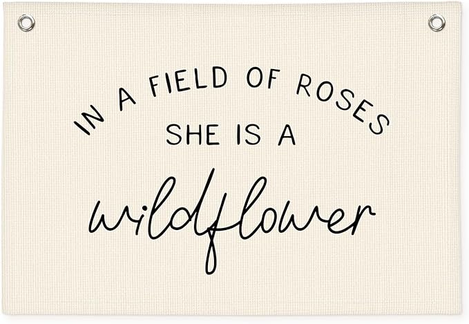 Wildflower Nursery Decor, Girls Room Decor - In a Field Full of Roses She Is a Wildflower Pink Linen Banner Flag for Little Girl Baby Girl - Black