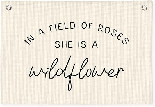 Wildflower Nursery Decor, Girls Room Decor - In a Field Full of Roses She Is a Wildflower Pink Linen Banner Flag for Little Girl Baby Girl - Black