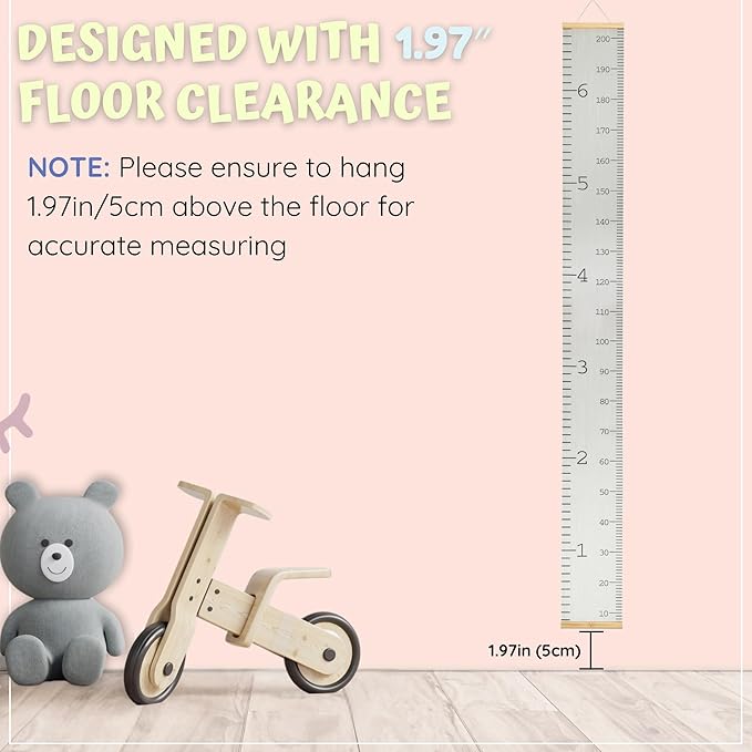 Growth Chart for Wall - Height Chart for Toddlers (79” x 7.9”) - Canvas Kids Tape Measure Chart - Growth Chart for Kids w/Wood Frame Panel - Neutral Color Height Measurement for Wall & Home Décor