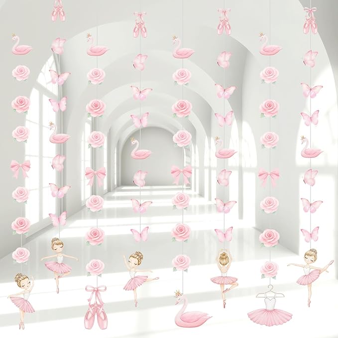 8 Pcs Ballerina Party Decorations Ballet Dancer Birthday Hanging Garlands Banner Pink Swan Rose Butterfly Paper Cutouts for Girls Wall Ceiling Decor Ballet Birthday Party Supplies