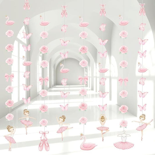 8 Pcs Ballerina Party Decorations Ballet Dancer Birthday Hanging Garlands Banner Pink Swan Rose Butterfly Paper Cutouts for Girls Wall Ceiling Decor Ballet Birthday Party Supplies