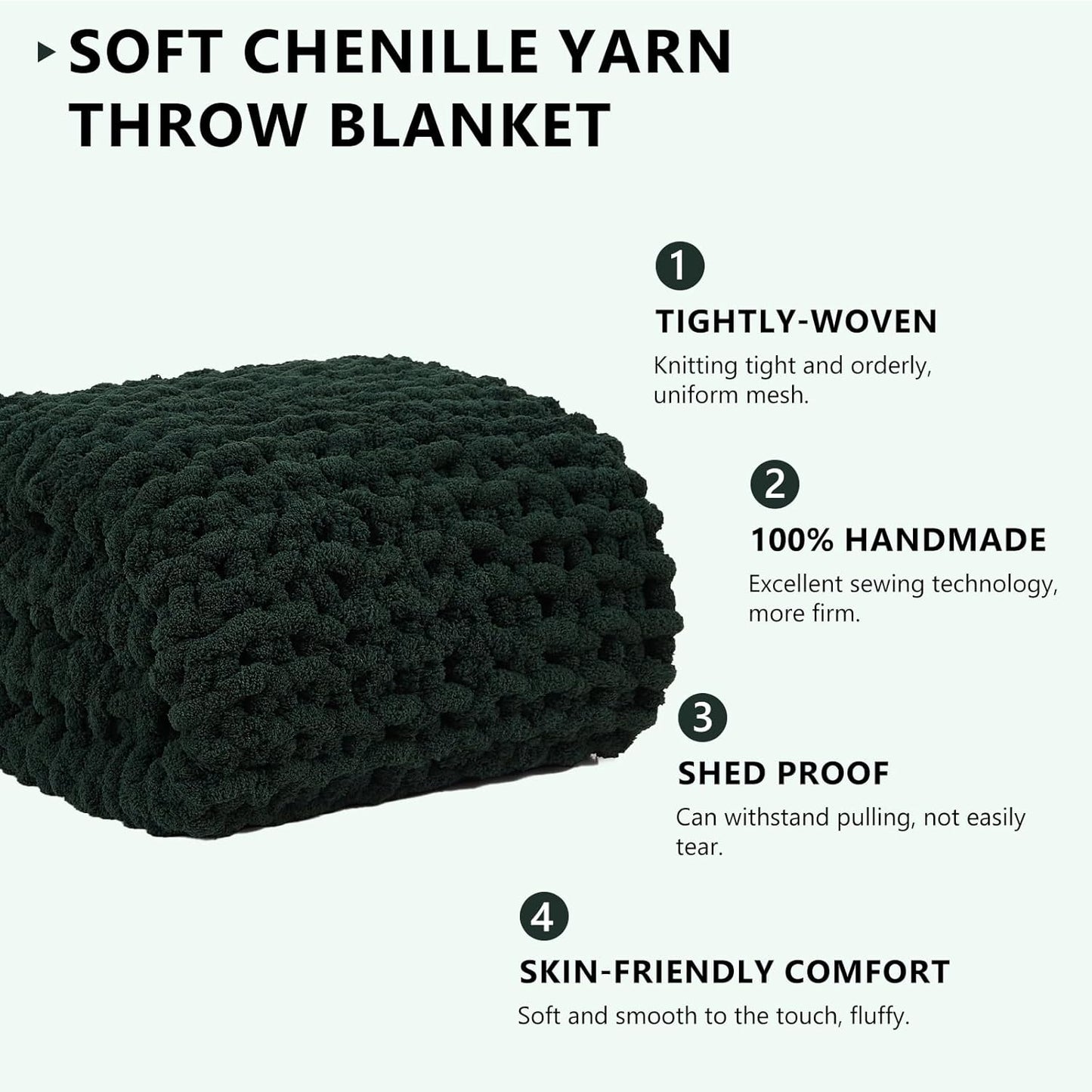 L'AGRATY Chunky Knit Blanket Throw: 80''x90'' Chenille Chunky Knitted Throw Blanket for Bed Couch - Handmade Thick Big Cable Knit Blanket - Large Chunky Crochet Rope Blanket for Home Decor(Green)