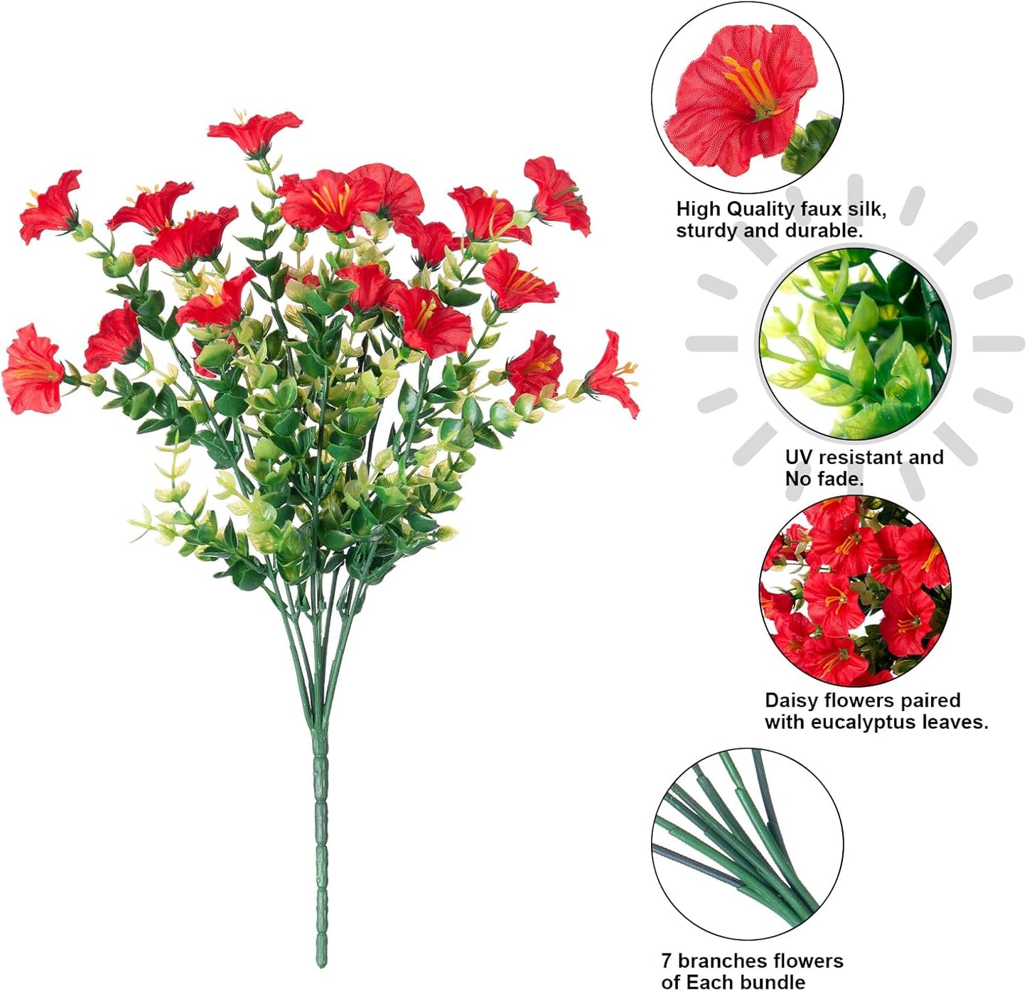 Artificial Flowers for Outdoors Fake Plants Outside Decoration, 12 Bundles Silk Red Morning Glory UV Resistant Look Real Faux Flowers for Planter Front Door Porch Patio Yard Gardens Balcony