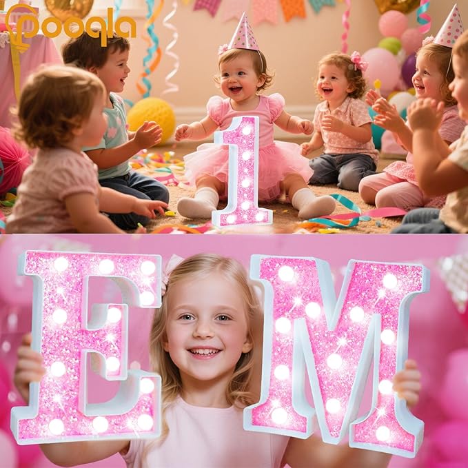 Pooqla LED Marquee Letter Lights, Light Up Pink Letters Glitter Letter Sign for Girls Gifts, Battery Powered for Night Light Birthday Party Wedding Home Bar Christmas Decoration, Cool White Pink C