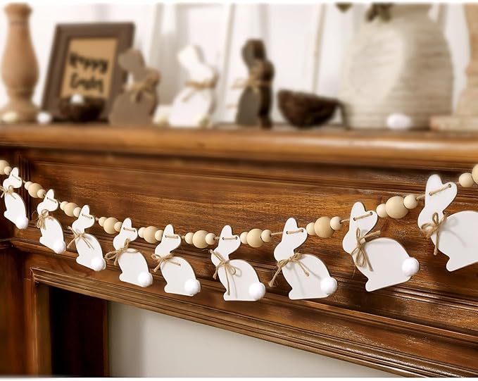 Easter Decorations Garlands, Cute Bunny Easter Garland with Wooden Beads, Rustic Banner for Mantel, Fireplace, Wall, Home, Farmhouse, Office, School Indoor Spring Decor Supplies