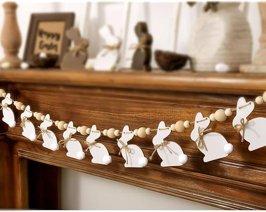 Easter Decorations Garlands, Cute Bunny Easter Garland with Wooden Beads, Rustic Banner for Mantel, Fireplace, Wall, Home, Farmhouse, Office, School Indoor Spring Decor Supplies