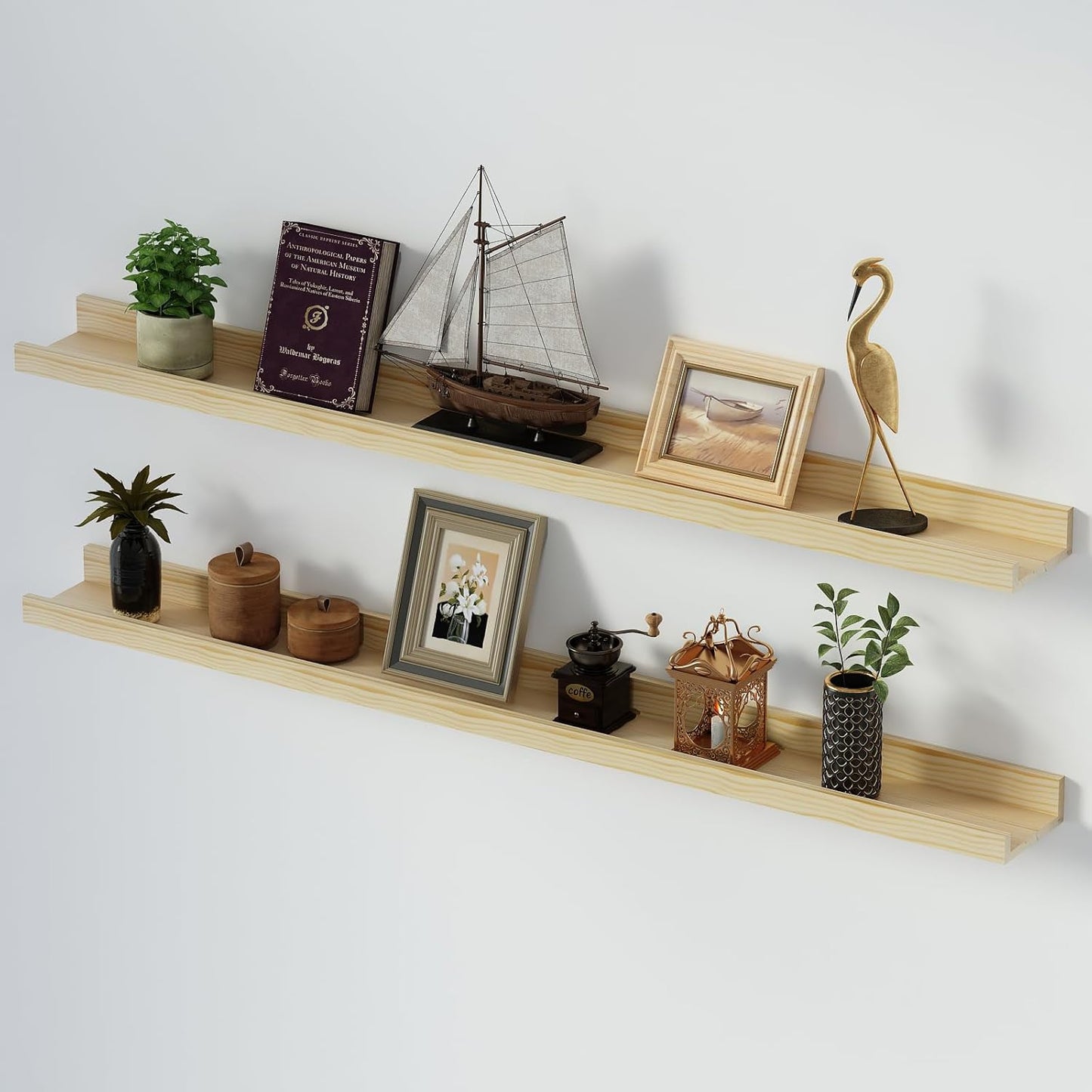 SAUMONIERES Picture Ledge Shelf Floating Book Shelves Set of 2 Wall Mounted Solid Wood for Bedroom Bathroom Living Room Kitchen, 48 Inch Natural