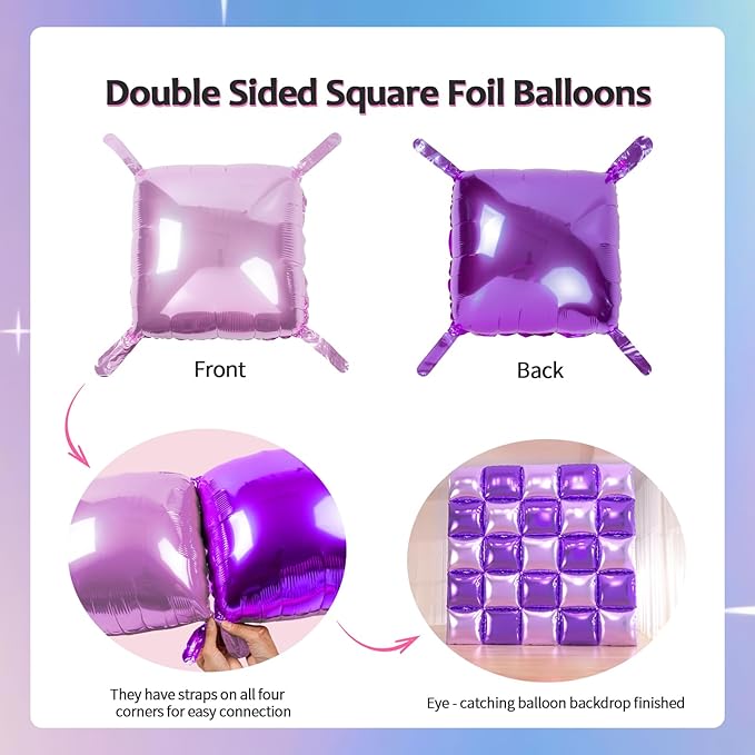 25+149pcs Double-Sided Purple Balloon Wall Kit - 25 Dark/Light Purple Foil Square Balloons 146 Metallic Lavender Purple Latex Balloon Garland & Star Balloons for Wedding, Birthday Backdrop