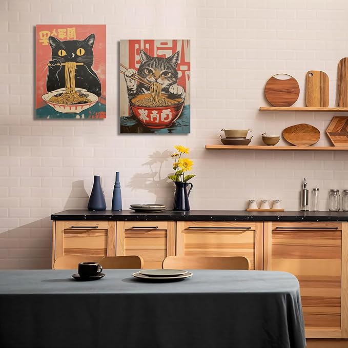 Framed Funny Black Cat Canvas Wall Art Set of 2, Vintage Japanese Cat Eating Ramen Poster, Unique Gifts and Animal Lover Printing Picture for Living Room Kitchen Dining Room Wall Decor 12x16in