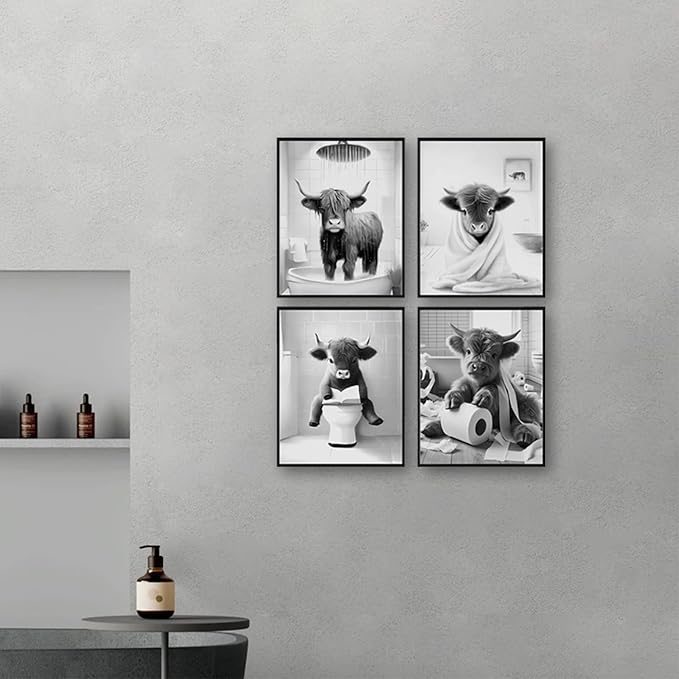 Western Cow Bathroom Decor Wall Art,Funny Highland Cow Wall Art in Restroom,Black and White Wall Decor,Highland Cow Canvas Art Prints,Rustic Retro Bathroom Wall Decor Humor Animals Artwork Prints,8x10inchx4pcs,Unframed