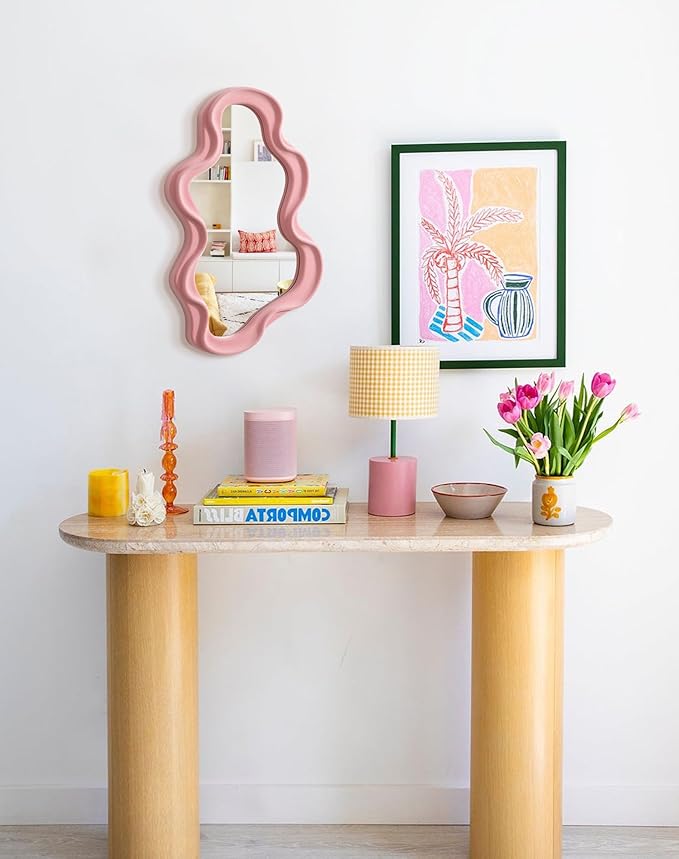 Wavy Mirror Wall Decor for Girly Bedroom, Small Cute Abstract Decorative Mirrors for Modern Apartment Nursery Room Decoration, Hanging Wall Art Above Dresser Desk Table Decor (Light Pink)