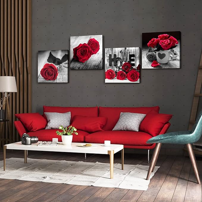 Red Rose Posters for Living Room Red and Black Wall Art Flower Painting Bedroom Wall Decor Romantic Floral Canvas Painting Bathroom Pictures Modern Kitchen Accessories Home Decoration 20x20" 4 Pcs/Set