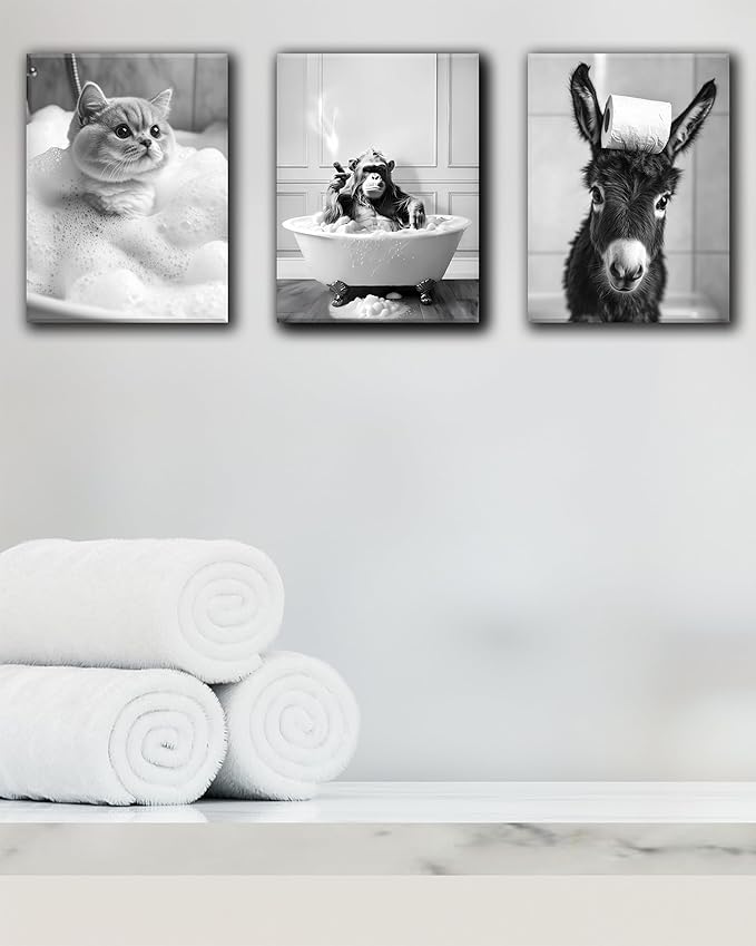 KensTro Funny Bathroom Wall Art Decor,12" x 16" Framed Canvas Bathroom Wall Art Picture,Black and White Chimpanzee in Bathtub Bathing Wall Art Animal Abstract Prints,Wall Decor for Bedroom,1Pack Gift