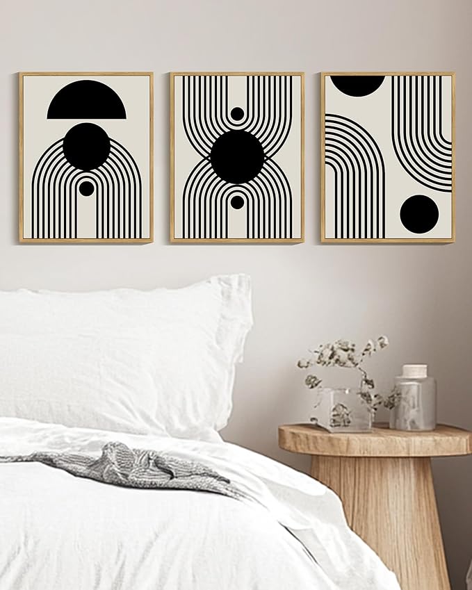 Drsoum Black Abstract Boho Wall Art Framed Modern Bohemian Wall Decor Geometry Lines Prints Ready to Hang 11x14in Natural Framed