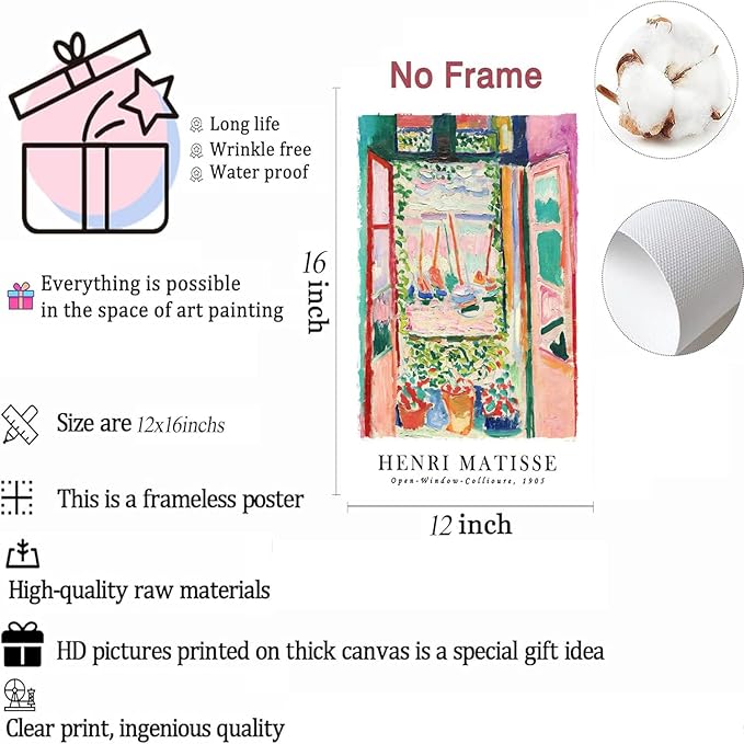 LYPHNX Henri Mattise Poster Wall Art Colorful Abstract Prints Set of 3 Vintage Aesthetic Canva Painting Picuter Floral Botanical Home Decor for LIving Room Bedroom Girls Room 12"x16" Unframed