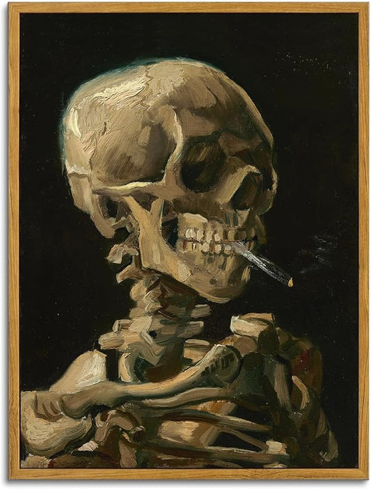 KBKBART Framed Canvas Wall Art Skull of a Skeleton with Burning Cigarette Van Gogh Art Print, Dark Academia Wall Decor Gothic Wall Art for Halloween, Living Room, Bedroom, Office, Bathroom, Gothic