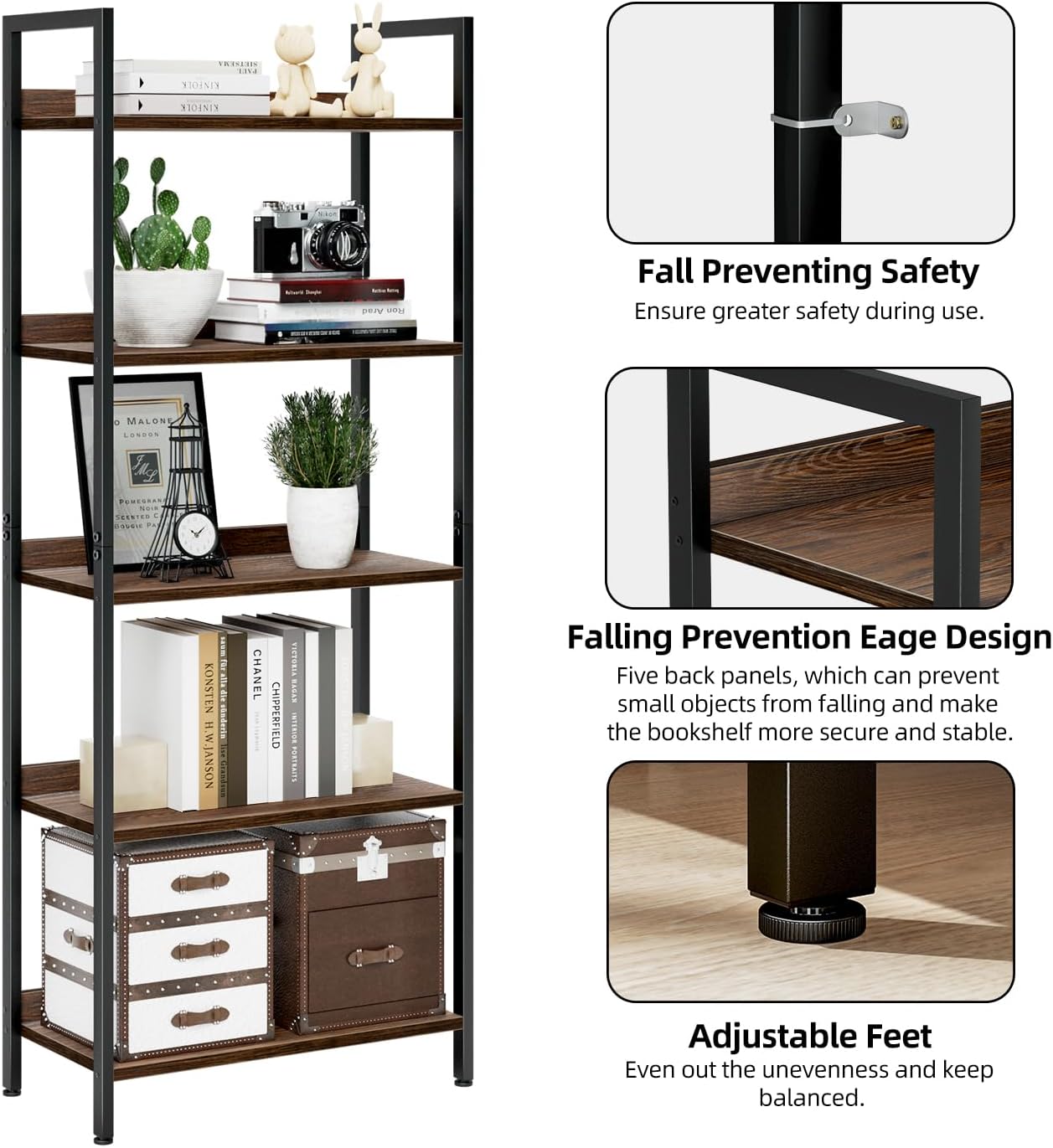 NUMENN Bookshelf, 5 Tier Bookshelves, Home Office Bookcase Shelf Storage Organizer, Free Standing Storage Shelving Unit for Bedroom, Living Room and Home Office, Dark Walnut