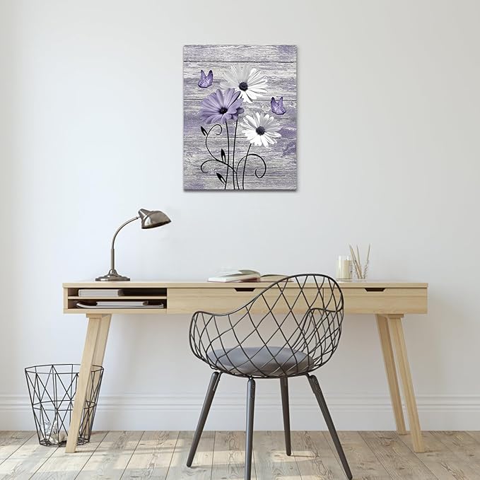 MYUSRE Vintage Floral Purple Canvas Wall Art Farmhouse Daisy and Butterfly on Wooden Pictures Wall Decor Country Wildflower Framed Wall Art for Living Room Bedroom Bathroom Home Decor, 20L X 16W inches