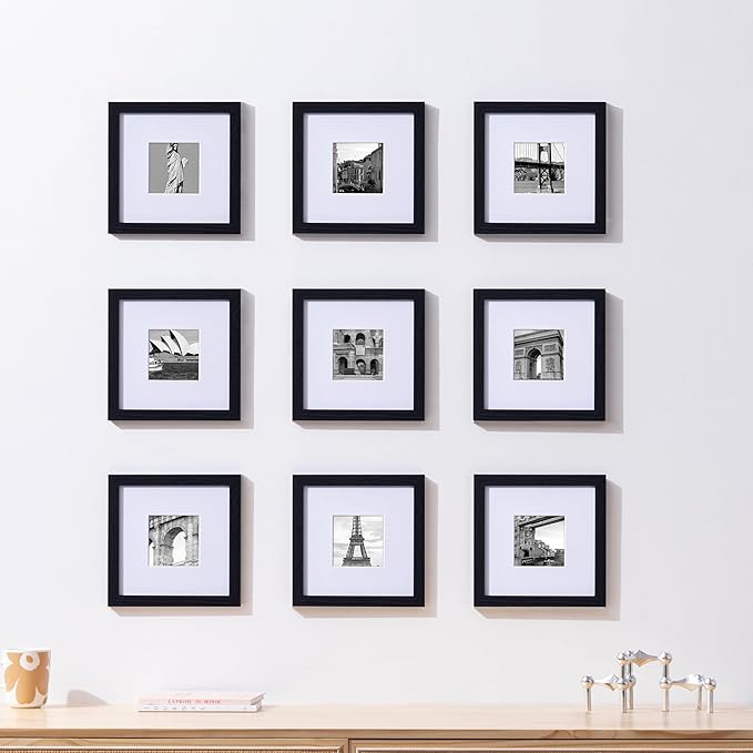 eletecpro 8x8 Picture Frames Set of 9 with Clear Acrylic Cover, Display 4x4 Photos with Mat or 8x8 Without, Classic and Sturdy Square Collage Gallery Wall Decor, Easy Wall Mount, Black