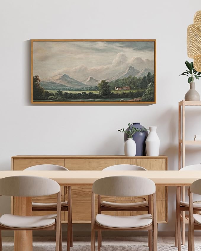 SHENIFY 20x40in Extra Large Vintage Framed Wall Art Country Village Landscape Painting Retro Mountain Meadow Scenery Farmhouse Bedroom Above of Bed Living Room Decor - Natural Framed