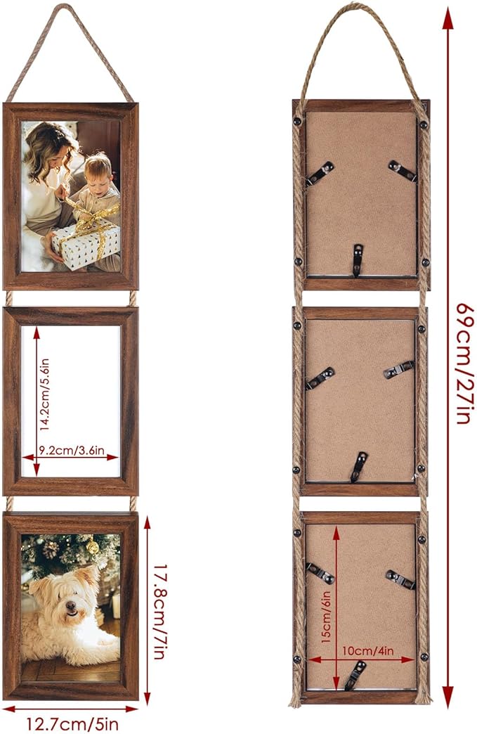 QUTREY 4x6 Picture Frames Collage, 6 Openings Wall Hanging Photo Frame Set of 2 Display 4 by 6 inch Vertical Pictures Frame, Rustic Walnut Brown