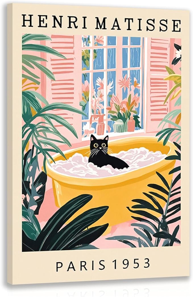 IAFWZX Framed Funny Bathroom Wall Art, Humor Black Cat In Bathtub Wall Decor, Vintage Henri Matisse Canvas Painting, Whimsical Cute Animal Poster Print for Living Room Bedroom 12"x16"