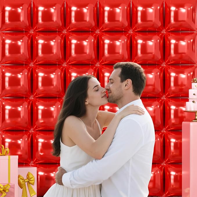 NISOCY 36PCS Red Square Foil Balloons Wall Backdrop Metallic Double Sided Red Christmas Balloons Tunnel Arch Kit for Birthday Baby Shower Valentine‘s Day Party Decoration