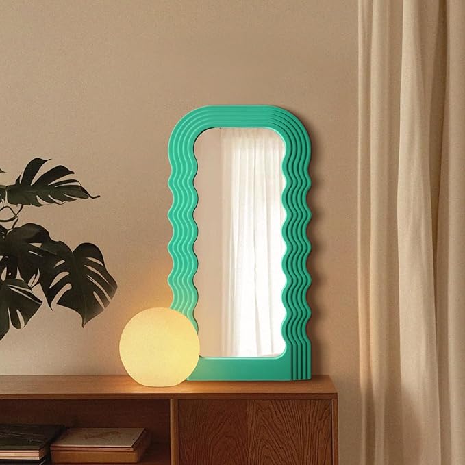 Irregular Wall Mirror Living Room Decor, 14x28 Arched Decorative Mirrors with Flocking Touch, Large Modern Wavy Mirror for Hallway Entryway Staircase, Over The Bed Wall Art Decoration (Green)