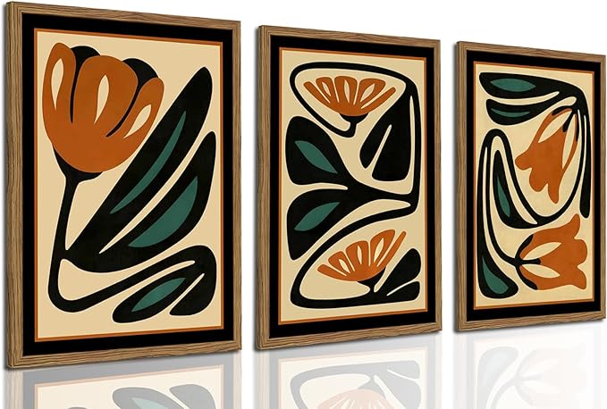 Mid Century Floral Wall Art Set of 3, Modern Abstract Botanical Wall Decor Picture, Vintage Boho Eclectic Plant Canvas Prints Paintings for Bedroom Living Room 12x16 inch Framed