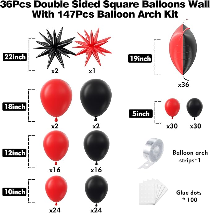 36pcs Red and Black Square Foil Balloons Wall Backdrop with 147pcs Balloon Garland Arch Kit, Double Sided Balloons for Birthday Prom Anniversary New Year Graduation BBQ Casino Party Decorations