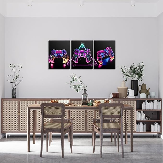 Feelyou Gamer Canvas Wall Art for Living Room 12" x 16" 3 Piece Game Controller Picture Wall Decor Gaming Gifts Bathroom Wall Art Gamepad Office Wall Decorations Artwork Posters Pink Wall Painting
