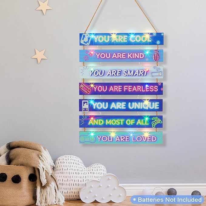 FIOBEE Girls Room Décor for Teen Girls Boys with LED Light Wall Decor for Bedroom Motivational Inspirational Wall Art Girl Room Decoration for Kids Studyroom, 8 Kinds of Lights, Blue Game
