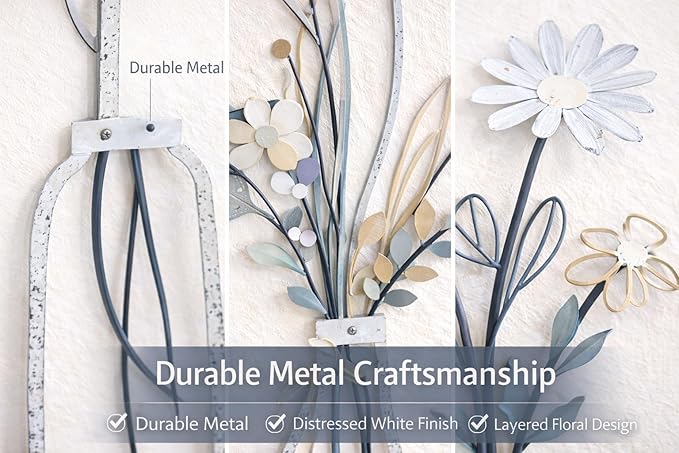 Nonforgetta Rustic Farmhouse Metal Flower Wall Art – Set of 3 Floral Decorations for Living Room, Bedroom, or Bathroom – Minimalist & Elegant Wall Décor Gift