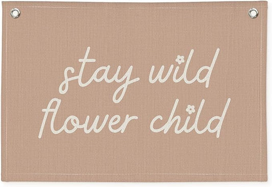 Pink Girls Room Nursery Decor, Stay Wild Flower Child Linen Canvas Banner Wall Hanging Flag Decor for Little Toddler Baby Girls Room Playroom, Baby Shower Girl Decorations