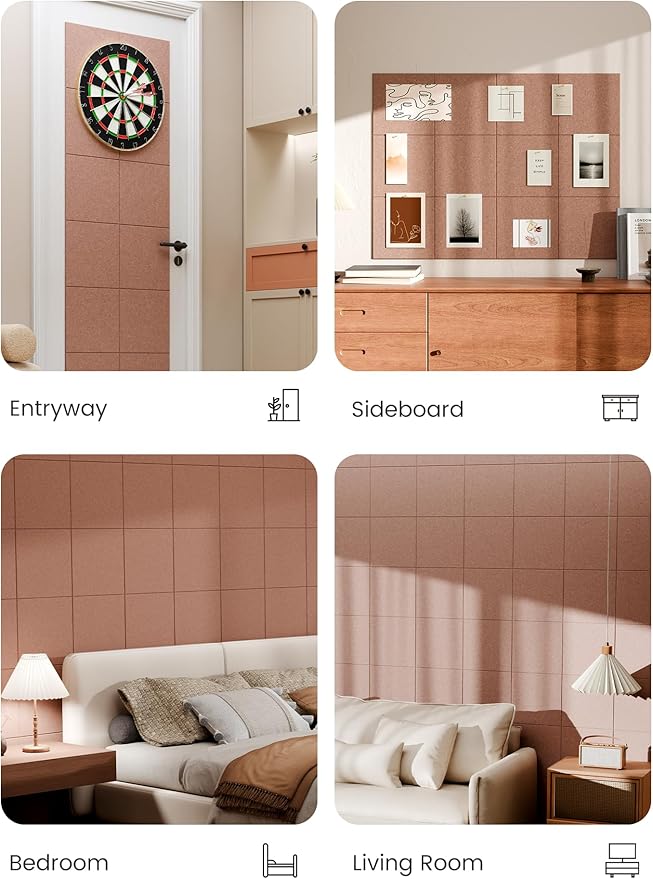 Bumusty Large Cork Board 48" x 36" Alternative - 12 Pack Felt Wall Tiles with 70 Safe Removable Adhesive Tabs, 30 Pushpins, Cork Boards for Walls Pin Board Bulletin Board Office Decor (Terracotta)