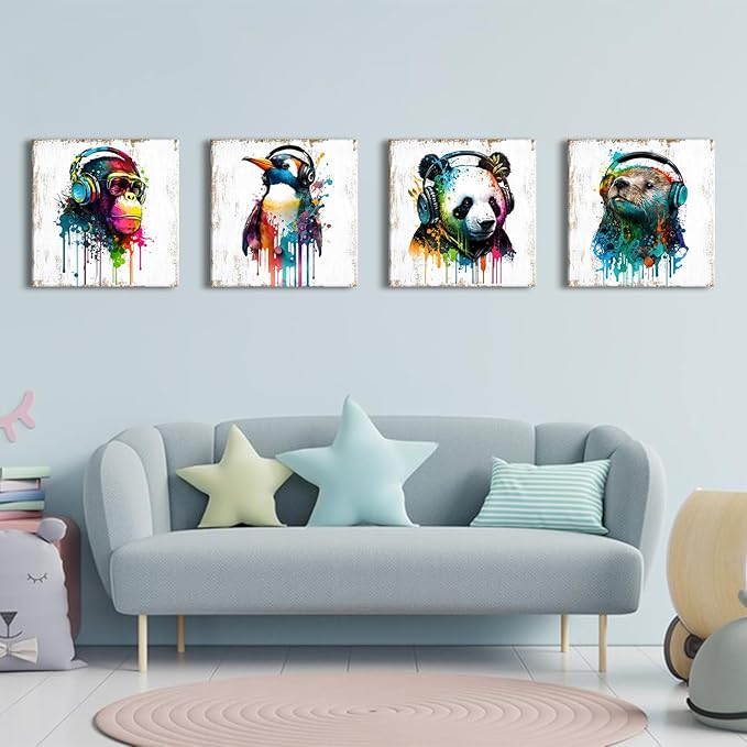 Animals Wall Art Baby Nursery Room Wall Decor Humor Panda Bear Canvas Pictures Kids Bedroom Artwork Colorful Funny Penguin Chimpanzee Posters Graffiti Artwork Living Room Home Decorations 24x24” 4 Pcs