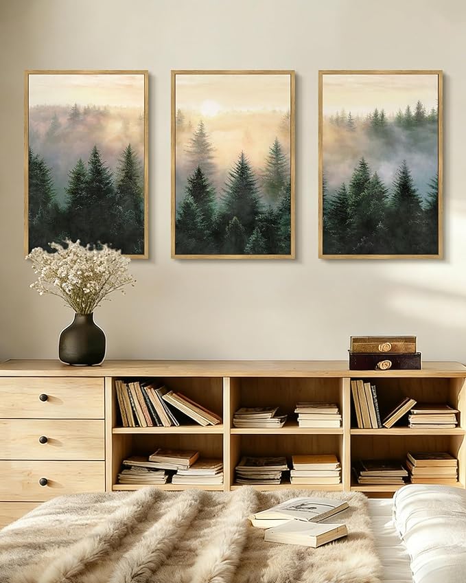 Drsoum Green Fog Pine Tree Landscape Wall Art Framed Nature Misty Nordic Forests Prints Morden Farmhouse Rustic Artwork Hallway Bedroom Ready to Hang 16x24in Natural Framed