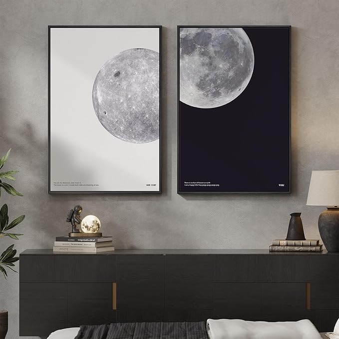 Large Framed Black and White Moon Wall Art, 2 Piece the Moon Canvas Art Prints, Minimalist Lunar Pictures for Living Room Bedroom Dining Room Hallway Home Office Wall Decor 24x36 In