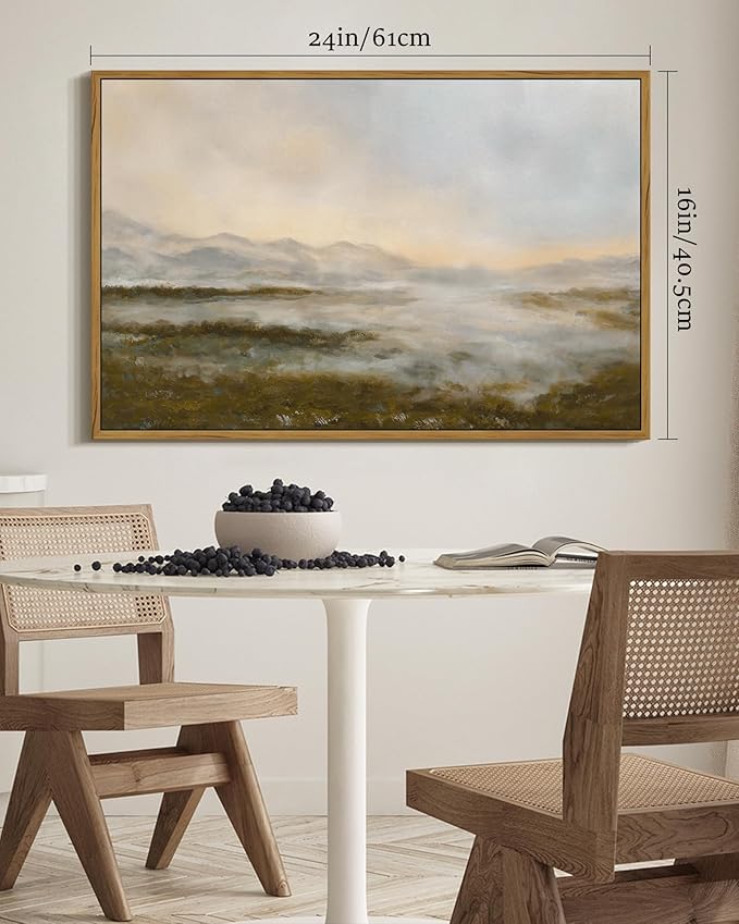 SHENIFY Vintage Framed Wall Art Rustic Foggy Mountain Landscape Scenery Home Decor Retro Wilderness Decorations for Farmhouse Bedroom Ready to Hang Wall Artwork - 16x24in Natural Framed