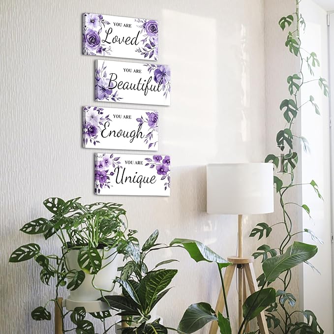 HOMEOART Bedroom Wall Decor for Woman Teen Girl, Inspiration Saying Word Art Bedroom Decor Pictures Farmhouse Bathroom Wall Decor Hanging, Framed 6x12inchx4Pieces (Purple)