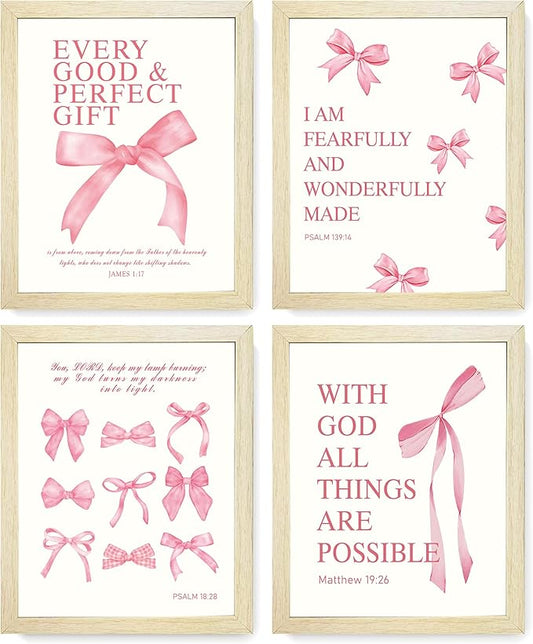 LARTSFRO Coquette Pink Bow Wall Art Decor Posters, Pink Bow Room Bedroom Bathroom Dorm Wall Art Decor Aesthetic for College Teen Girls Gifts, Inspirational Bible Verses Bow Wall Decor, 10x8 Inch Set of 4 Pcs Bow Pictures (WOOD-GRAIN FRAMED)