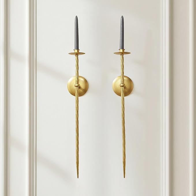 Large Wall Candle Holder Set of 2 Twisted Candle Sconces Wall Mount Metal Candle Holders Decor for Bedroom Dining Room 23.5" Gold