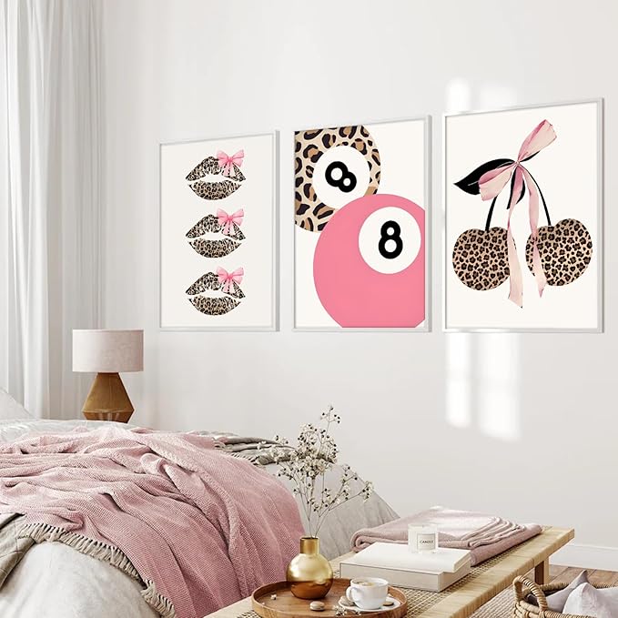 Trendy Pink Leopard Bow Wall Art Set of 3 Funky Cherry Lucky 8 Ball Posters Prints Cute Coquette Preppy Room Aesthetic Wall Decor Pictures for Girls Bedroom Apartment Dorm Unframed 12x16in