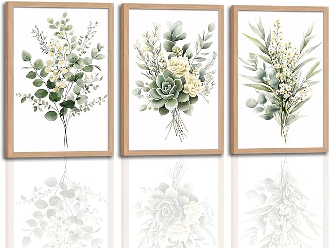 3Pcs Framed Vintage Botanical Wall Art Plant Floral Watercolor Canvas Prints Sage Green Painting Eucalyptus Leaf Picture Modern Minimalist Boho Bedroom Bathroom Living Room Ready to Hang 16x24in