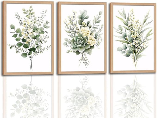 3Pcs Framed Vintage Botanical Wall Art Plant Floral Watercolor Canvas Prints Sage Green Painting Eucalyptus Leaf Picture Modern Minimalist Boho Bedroom Bathroom Living Room Ready to Hang 16x24in