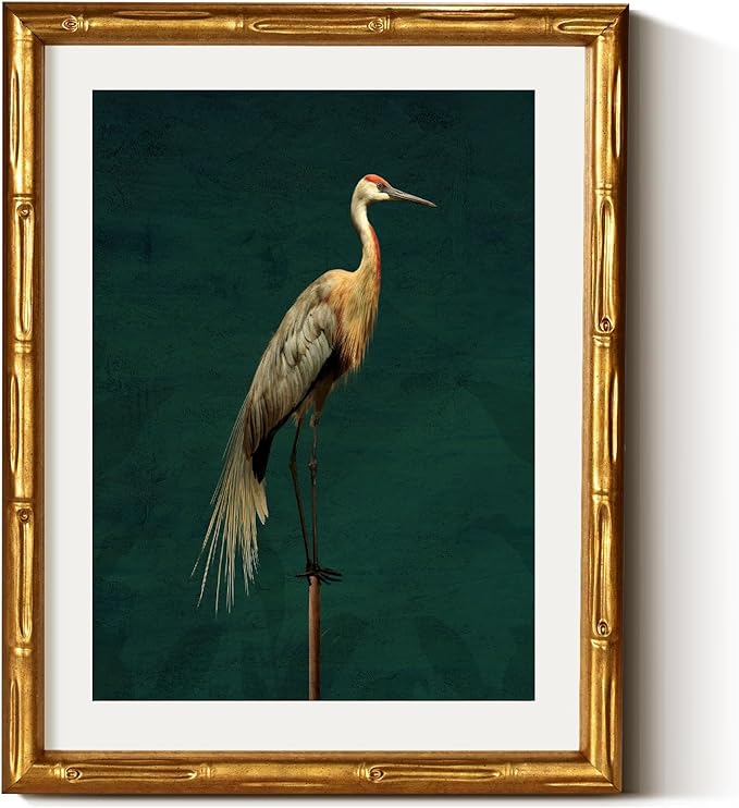 VIYYIEA Bamboo Detail Design Gold Framed Wall Art for Living Room, Crane Canvas Wall Art, Animals Picture Print Painting, Vintage Room Decor Aesthetic Halloween Christmas Bedroom Kitchen, 11 x 14 Inch