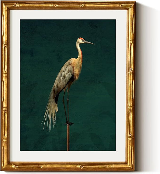 VIYYIEA Bamboo Detail Design Gold Framed Wall Art for Living Room, Crane Canvas Wall Art, Animals Picture Print Painting, Vintage Room Decor Aesthetic Halloween Christmas Bedroom Kitchen, 11 x 14 Inch
