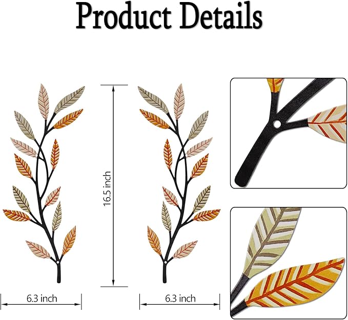 Metal Tree Leaf Wall Decor 2 PCS Rustic Vine Branch Leaf Wall Art for Living Room Bedroom Bathroom Decorations - Sunlit Wheat